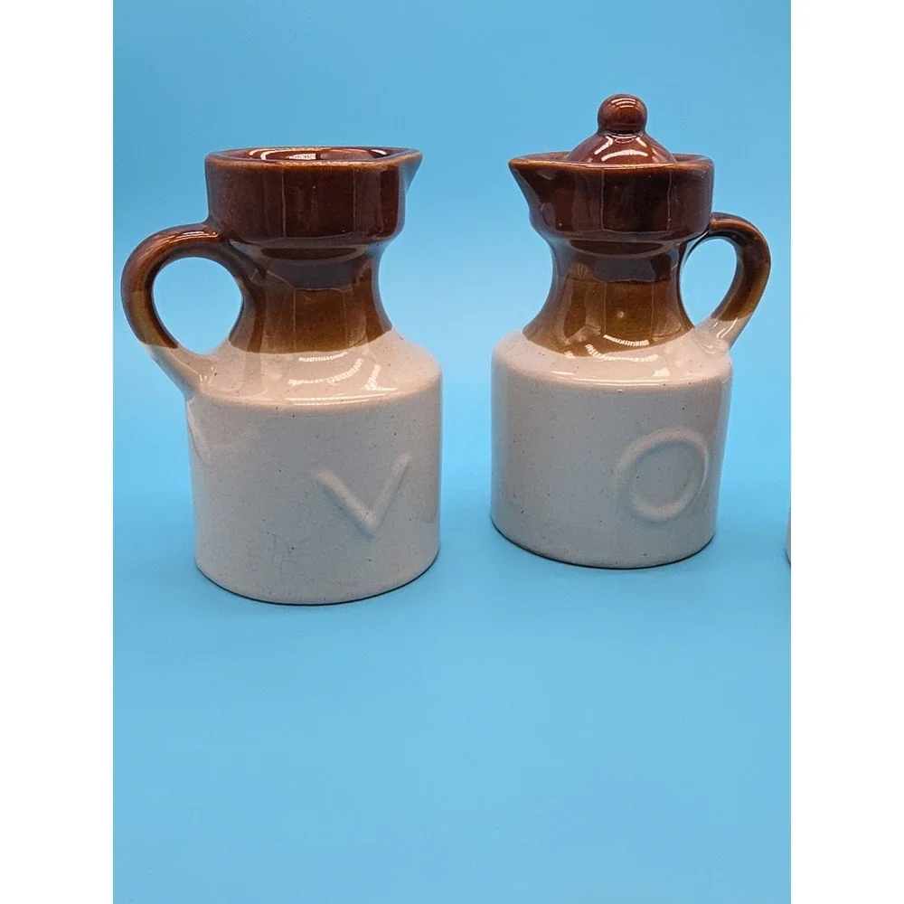 Stoneware Vinegar And Oil Set With Salt/Pepper Well Crock 3 Tone Brown